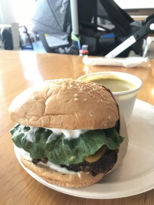 Avocado Jalapeno Cheeseburger with split pea soup  at Higher Taste Plant Based in Long Beach