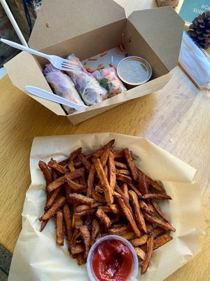 Vietnamese spring rolls and sweet potato friess  at Higher Taste Plant Based in Long Beach