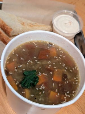 Lentil soup at Higher Taste Plant Based in Long Beach