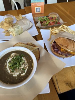 chicken ceasar wrap, potato tacos, soup and sandwich was soo good!  at Higher Taste Plant Based in Long Beach