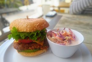 spicy burger at Higher Taste Plant Based in Long Beach
