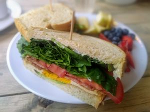 breakfast sandwich at Higher Taste Plant Based in Long Beach