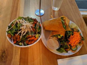 Tempe bowl & Indian Wrap at Higher Taste Plant Based in Long Beach