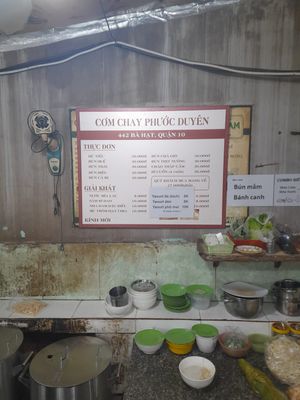 Menu on wall. In Vietnamese only at Phuoc Duyen Vegan in Ho Chi Minh City