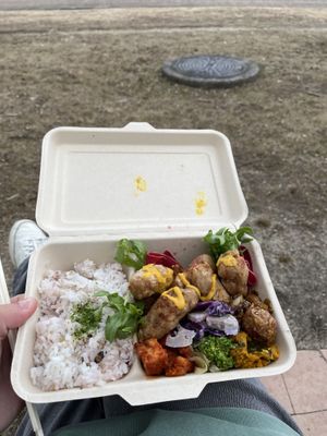 Bento box with karaage, tofu and vegetables  at Terra in Otsu