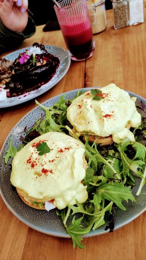All vegan pancakes and eggs bene at Kaiaroha Vegan Deli and Eatery in Auckland