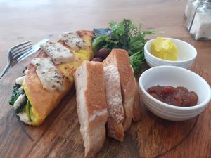 Field mushroom omelette  with homemade butter & relish at Kaiaroha Vegan Deli and Eatery in Auckland