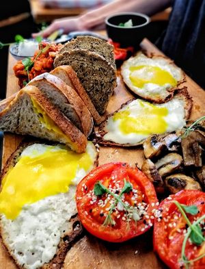 All day brekkie platter, all day, every day.
Smokey beans and chorizo, sunnyside vegan eggs, organic sourdough bread, grilled seasonal veg with pesto mayo & cultured cashew butter at Kaiaroha Vegan Deli and Eatery in Auckland