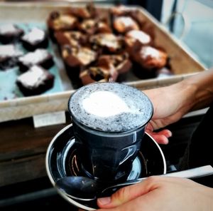 Charcoal macca latte at Kaiaroha Vegan Deli and Eatery in Auckland