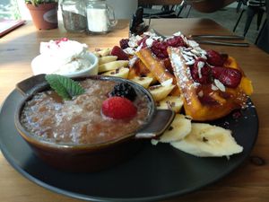 Lots of fruit and waffles! at Kaiaroha Vegan Deli and Eatery in Auckland