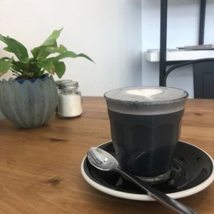 Charcoal date maca latte at Kaiaroha Vegan Deli and Eatery in Auckland