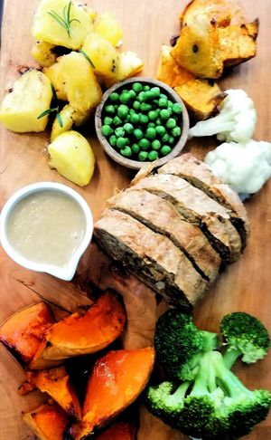 Our our Chickun Roast with sage onion stuffing- made from fresh vegetables etc Served on Sundays as a platter meal with all the trimmings :-) at Kaiaroha Vegan Deli and Eatery in Auckland