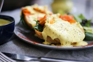 Vegan Eggs Benedictine  with Kaiaroha's own hollandaise and carrot lox (available from our Deli) at Kaiaroha Vegan Deli and Eatery in Auckland
