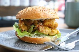 Banana Bloosom Fish Burger with crisy lettuce and house tartare. at Kaiaroha Vegan Deli and Eatery in Auckland