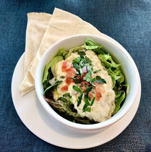Moutabal salad with Arabic bread at Aqua Cafe in Dubai