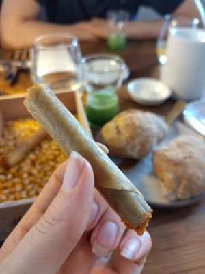 Appetizers, a eggplant "cigare" with Gado Gado herbs & a gazpacho with cucumber and celeriac at Restaurant 22  in Bennekom