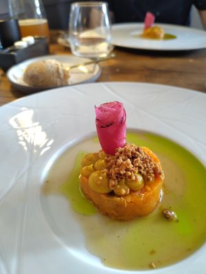 Course 1: sweet potato parfait, humus topping and macadamia crunch with a pickled radish at Restaurant 22  in Bennekom