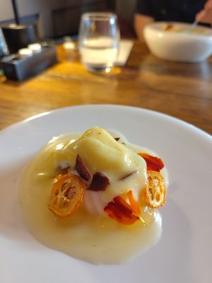 Rhubarb pannacotta with kumquat ice at Restaurant 22  in Bennekom
