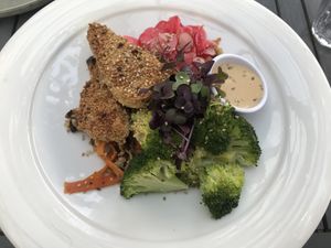 Special of the week:toasted sesame crusted tofu, shiitake mushroom, wakame, broccoli and brown rice with tahini dressing  at Lu-Ma Cafe in South West London