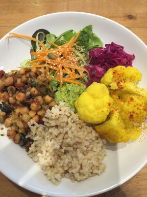 Buddha bowl with brown rice, chick pea salad, curried cauliflower and pickle at Lu-Ma Cafe in South West London