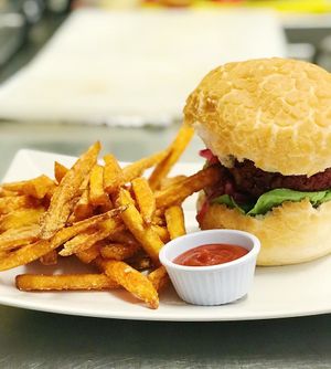 Falafel burger with sweet potato chips
Vegan and gluten free at Lu-Ma Cafe in South West London