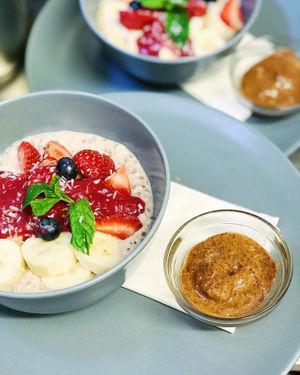 Coconut Overnight Oats with almond butter 
Vegan, refined sugar and gluten free  at Lu-Ma Cafe in South West London