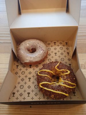 lilikoi coffee cake, and the hail Mary. Yum yum at Holey Grail Donuts in Long Beach