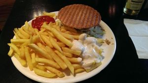 Vishburger with fries. Heavy and awesomely tasting.  at Befried in Hamburg