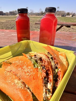 Shroom Quesadilla, fresh juices, and a beautiful sunny day in Frisco.   at Chakra Chow  in Frisco