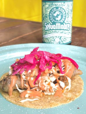 Taco estilo bajacalifornia de portobello con aderezo de tofu y chipotle  at El Bajón Vegano in Playa Del Carmen