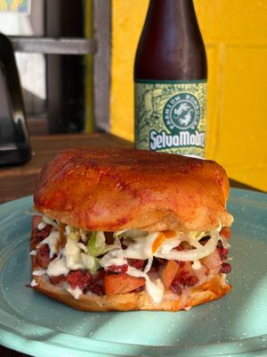 Pambazo de papa con chorizo  at El Bajón Vegano in Playa Del Carmen