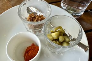 Condiments for the spicy veg curry   at Grand Kitchen in Tokyo