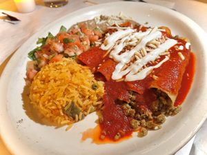 Enchiladas with vegan beef, cheese, sour cream, beans, salsa Fresca, and rice  at La Cantina in Chicago