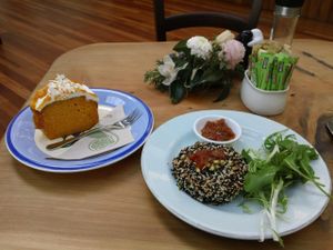 Quinoa pattie, Mango and lime cake with coconut dressing at Huckleberry Cafe in New Lynn