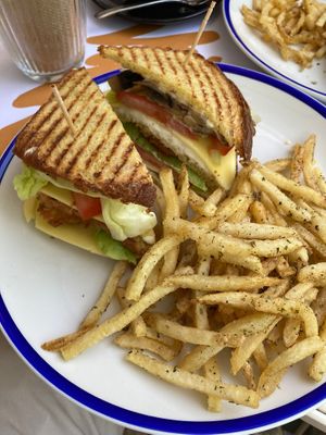 Club sandwich and chips  at GNOU in Athens