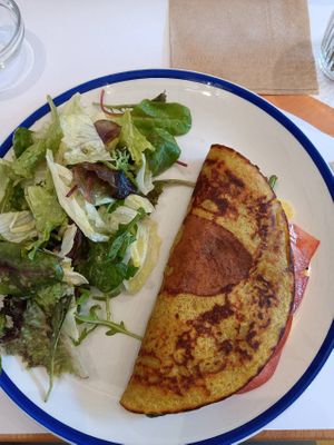 Wheat omelet with asparagus, tomato & gouda. at GNOU in Athens