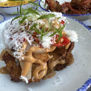 Deep fried cauliflower with panko, coconut cheeze and pea sprouts  at GNOU in Athens