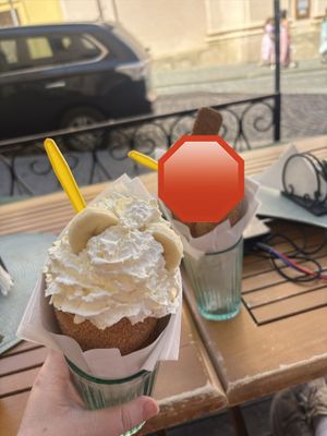 Banana option. (Censored the non-vegan one)  at Cafe u Kajetána in Prague