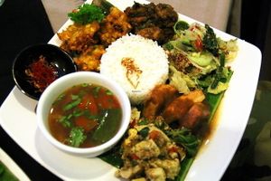 Nasi campur is a selection of different indonesian food around rice, a bit like Indian thali.  at Veggie Table in Ubud