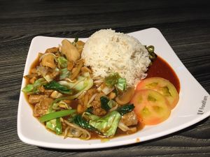 mock meat, veggies and rice  at Compassion Vegetarian Cuisine 慈悅素 in Central Singapore