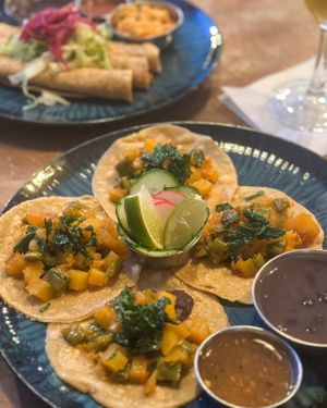 Cactus tacos made vegan and potato flautas   at Las Adelitas in Prague