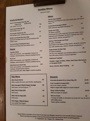 Sunday food menu at Red Deer in Sheffield