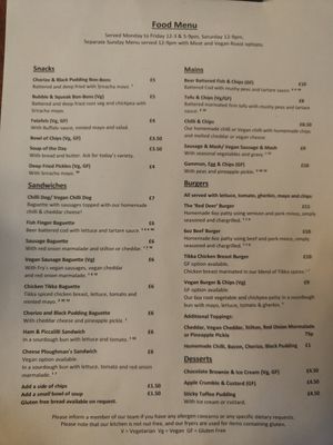 The Mon - Sat menu at Red Deer in Sheffield
