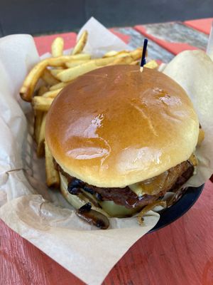 Plant based burger and fries at Dusty's Hideaway in Tacoma