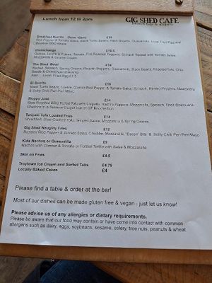 Gig Shed Cafe menu - May 2025 at Gig Shed Cafe in Isles Of Scilly