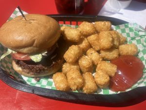 Beyond burger with tator tots  at Bisbee Badassery  in Bisbee