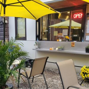 Take out window w/counter & outdoor seating options at Little Pig  in Portland