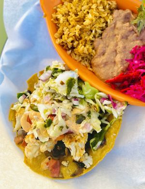 Cauliflower tostada, rice and beans  at Farmer and The Cook Cafe in Ojai