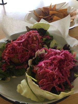 Raw tacos with chips. Great sauces compliment the fresh greens. I recommend. at Farmer and The Cook Cafe in Ojai
