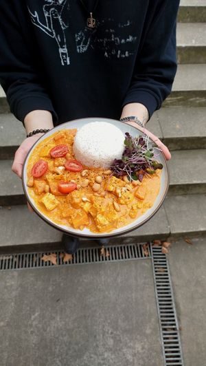 vegan pumpkin curry with tofu and rice at Café Morgal in Brno